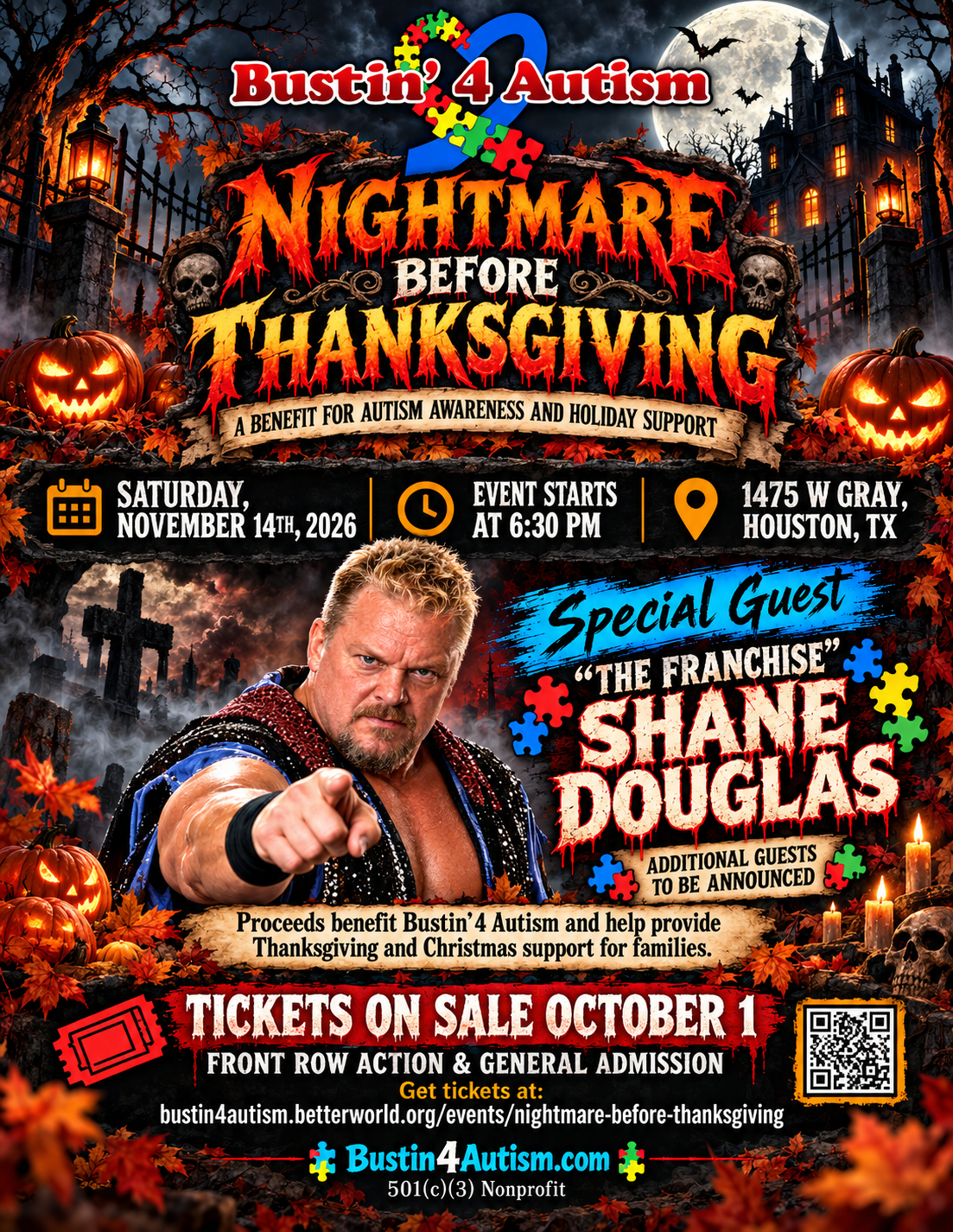 Nightmare Before Thanksgiving flyer featuring special guest Shane The Franchise Douglas, November 14, 2026 at 6:30 PM, 1475 W Gray, Houston, Texas