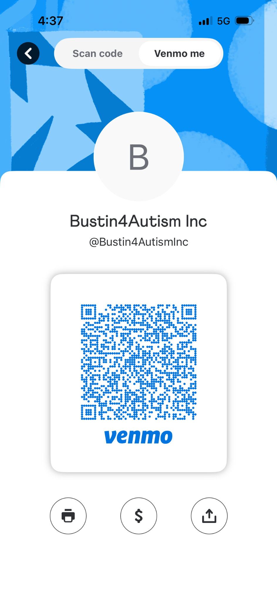 Venmo QR code for Bustin4Autism Inc, @Bustin4AutismInc